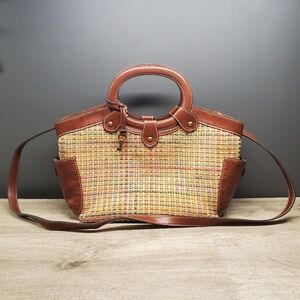 Vintage Fossil woven bag with brown leather trim
